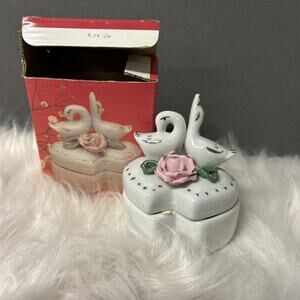 Decorative Porcelain Double Heart Trinket Box Ducks Goose Flowers Gold Trim VTG